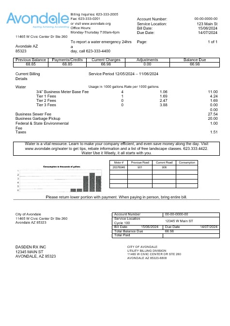 USA Arizona The City of Avondale Water business utility bill template in Word and PDF formats